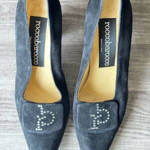 Rocco Barocco Vintage Black Surde Pumps Rhinestones Logo Made in Italy size 8